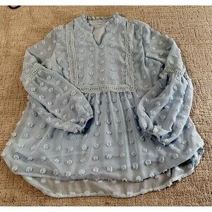 Women Long Sleeve Baby Blue Blouse V-Neck for Dot Flowy Shirt.Size Medium..